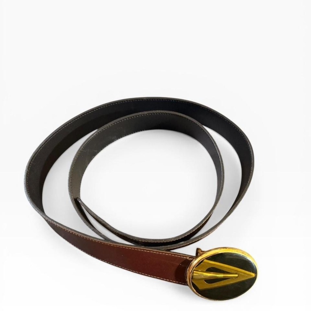 Vintage‎ von West USA Brown Leather Belt Gold Tone Geometric Resin Buckle MCM